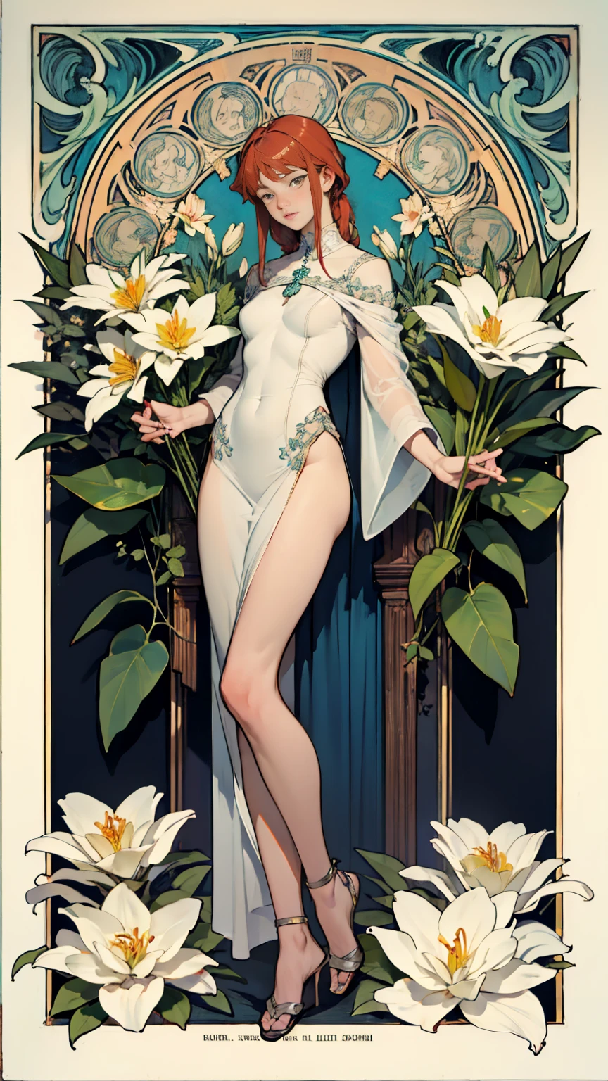 Tarot Cards、Masterpiece、Highest quality、Amazing details、Detailed Background、Line art、Written boundary depth、Flat Shading、Mucha style、Art Nouveau、Tied down by chains of plants、Flower Art、Surrounded by lots of flowers、Hot Summer Fashion、Vintage Color、colorful、Anatomically correct、Slim figure、Thick thighs、Expressive eyes、smilingly、Perfect Face、Black Hair、Short Hair、Embarrassing、She is blushing