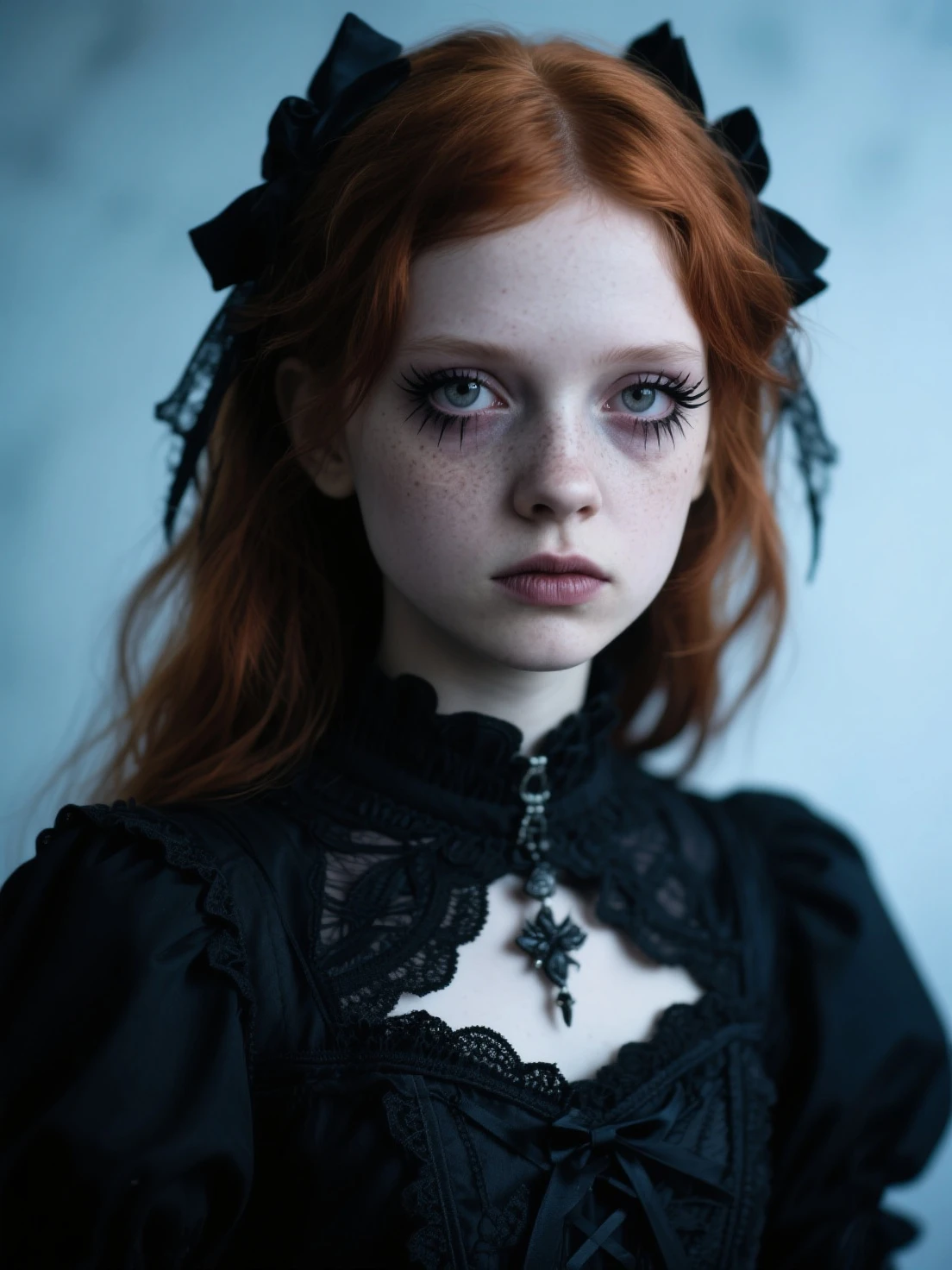 sadie sink, in la bete movie, by Walerian Borowczyk, erotic, 1girl, artist_name, bangs, blue_eyes, blurry, blurry_background, choker, collarbone, depth_of_field, freckles, hair_ornament, heart_choker, lips, long_hair, looking_at_viewer, mole, realistic, red_lips, solo, upper_body, watermark
