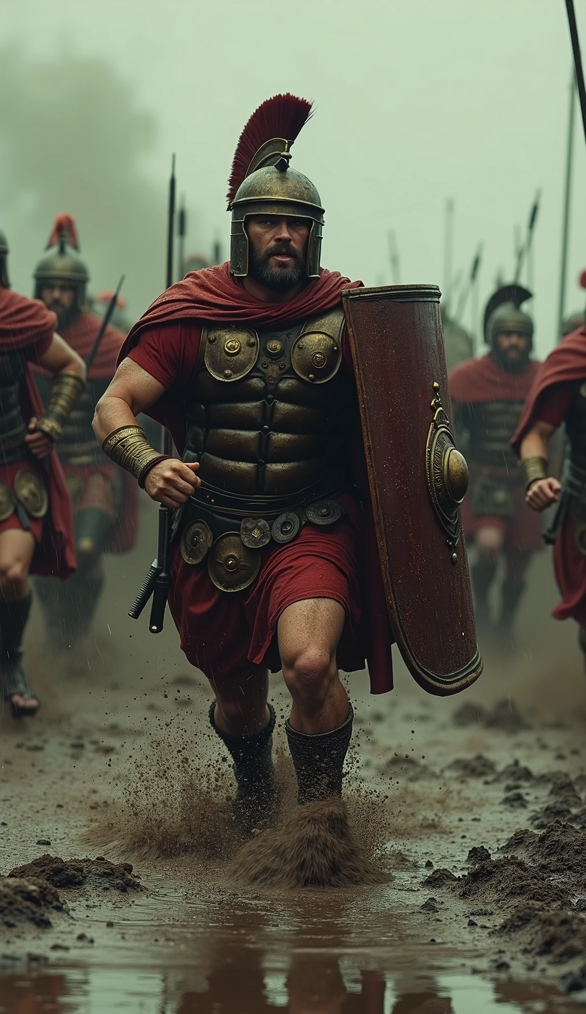 Side-view cinematic shot of a Roman legionary (Second Punic War, 218–201 BC) sprinting through knee-deep mud during a relentless downpour, his face contorted in exhausted determination. Behind him, a maniple of legionaries charges in loose formation, their scutum shields splattered with mud and rain, gladius swords drawn. A centurion barks orders, his crested helmet and phalerae medals glinting in the storm’s gloom. Carthaginian arrows whistle through the air—one thuds into a shield near the camera. In the background, war elephants loom through smoke, their towers filled with Libyan skirmishers. The ground churns underfoot as caligae (Roman sandals) kick up thick clots of mud. Hyper-realistic textures: rust on chainmail (*lorica hamata*), rain sluicing off bronze Montefortino helmets, blood mixing with water in wheel ruts. Style: Gritty, dynamic, and immersive—like a still from 'Gladiator' (2000) or 'Ben-Hur' (1959), with motion blur on rain and sprinting soldiers.