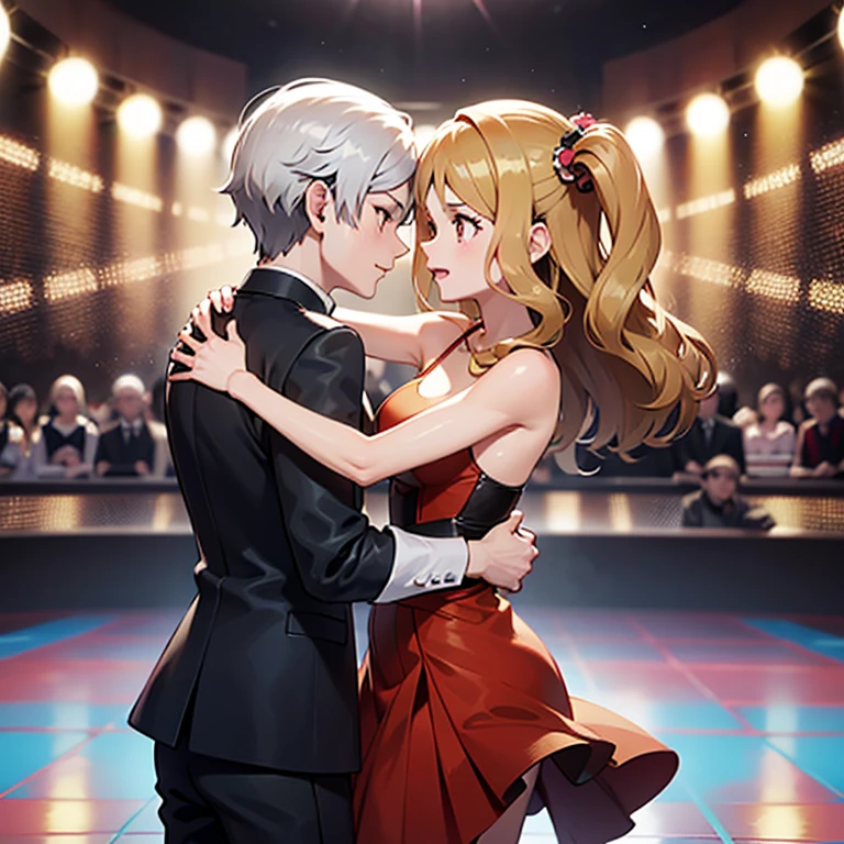 ((Highest quality)), ((masterpiece)), (detailed), (Perfect Face)、The woman is Reika Aoki, a Latin American with brown skin and medium-long blonde hair.、Woman wears Latin dance dress in South America、A woman is dancing passionately Latin with a man and he proposes to her