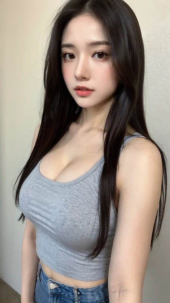 (real, High resolution:1.3), One girl with a perfect body, Very beautiful face and eyes,Long Hair, Black tank top:1.2, Short jeans, Big Breasts,Exposing cleavage