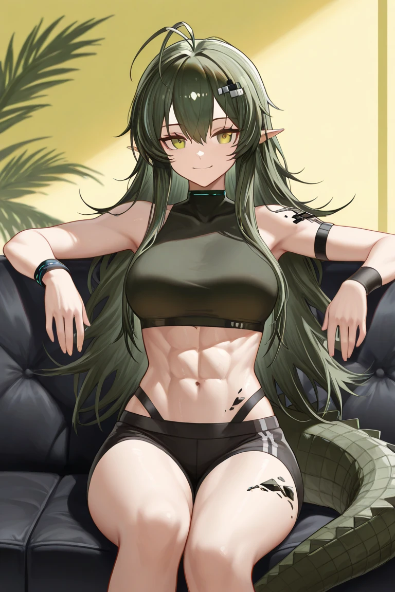 ((8K resolution))、((highest quality))、((masterpiece))、((Super detailed))((((dramatic))), (anatomically correct)、Depth of object being written、look at the camera、one person、one personの女性、front、white skin、Thin but muscular body, defined abs, toned arms, long and thin legs, Athletic Presence,(hair color:dark green and gold gradation、hairstyle:left braid, right long wave)、earrings、舌earrings、jagged teeth、(sharp fangs)、yellow eyes、half closed eyes / Bad mood 、tattoo、(theme、whole body:1.1), crocodile skinのドレス、crocodile skin、crocodile tail、white background