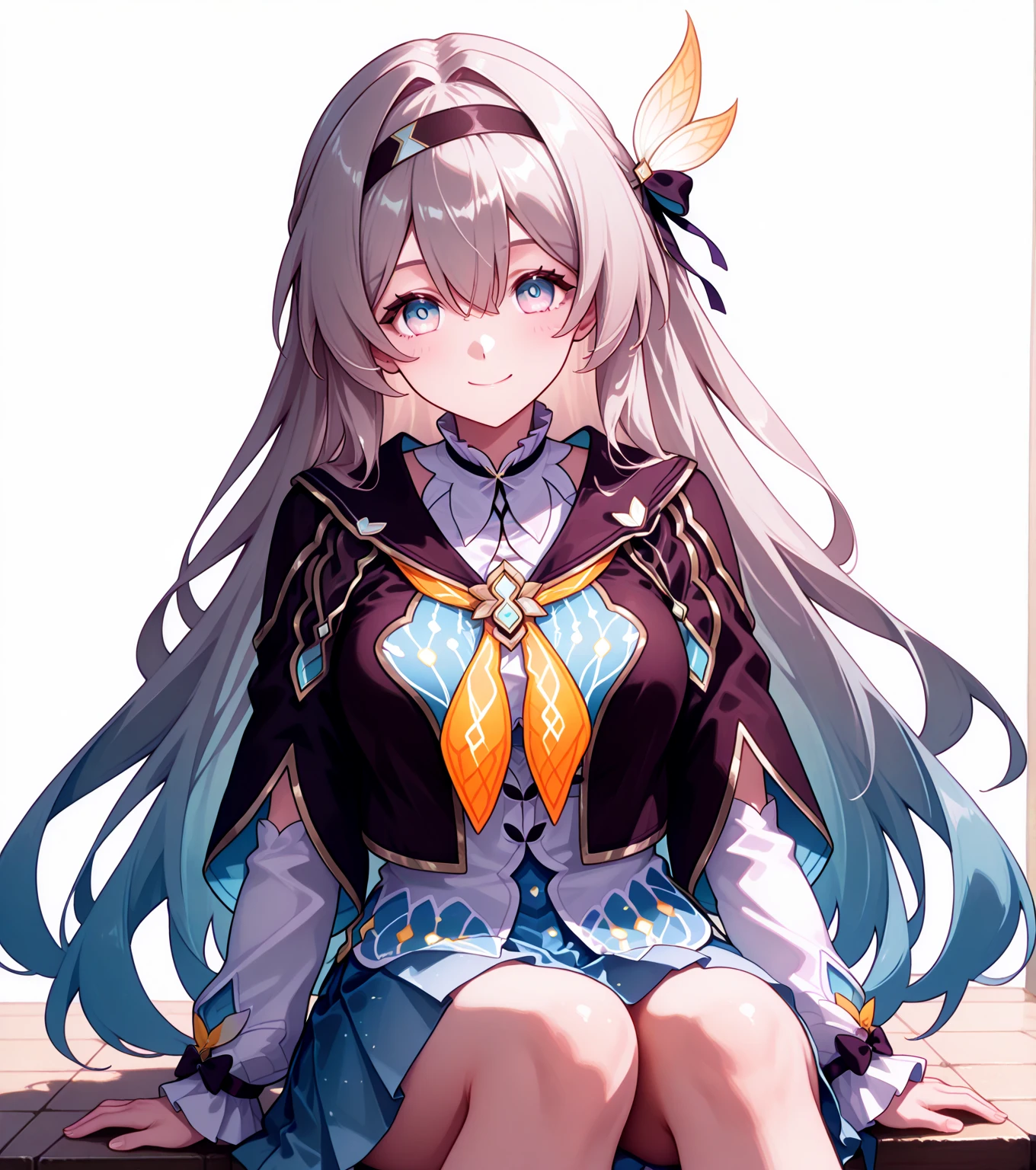((Highest quality)), ((masterpiece)), ((Very detailed)), (Very mature),A cute, gentle-looking female high school student with black hair and a height of about 165cm.,A female high school student with a cute smile and small breasts wearing a transparent blue waifus with a cute patterned hood and bare shoulders, A gentle woman with a slightly long vertical face,Small Faced Woman,alone, Cute attitude,(background(bright),Long Hair - Straight,Knee-high socks、A transparent blue veil with a cute pattern and white hood with off-the-shoulder sleeves,White wall、Sitting、Facing the viewer、縁に模様がある壁が1面のbackground