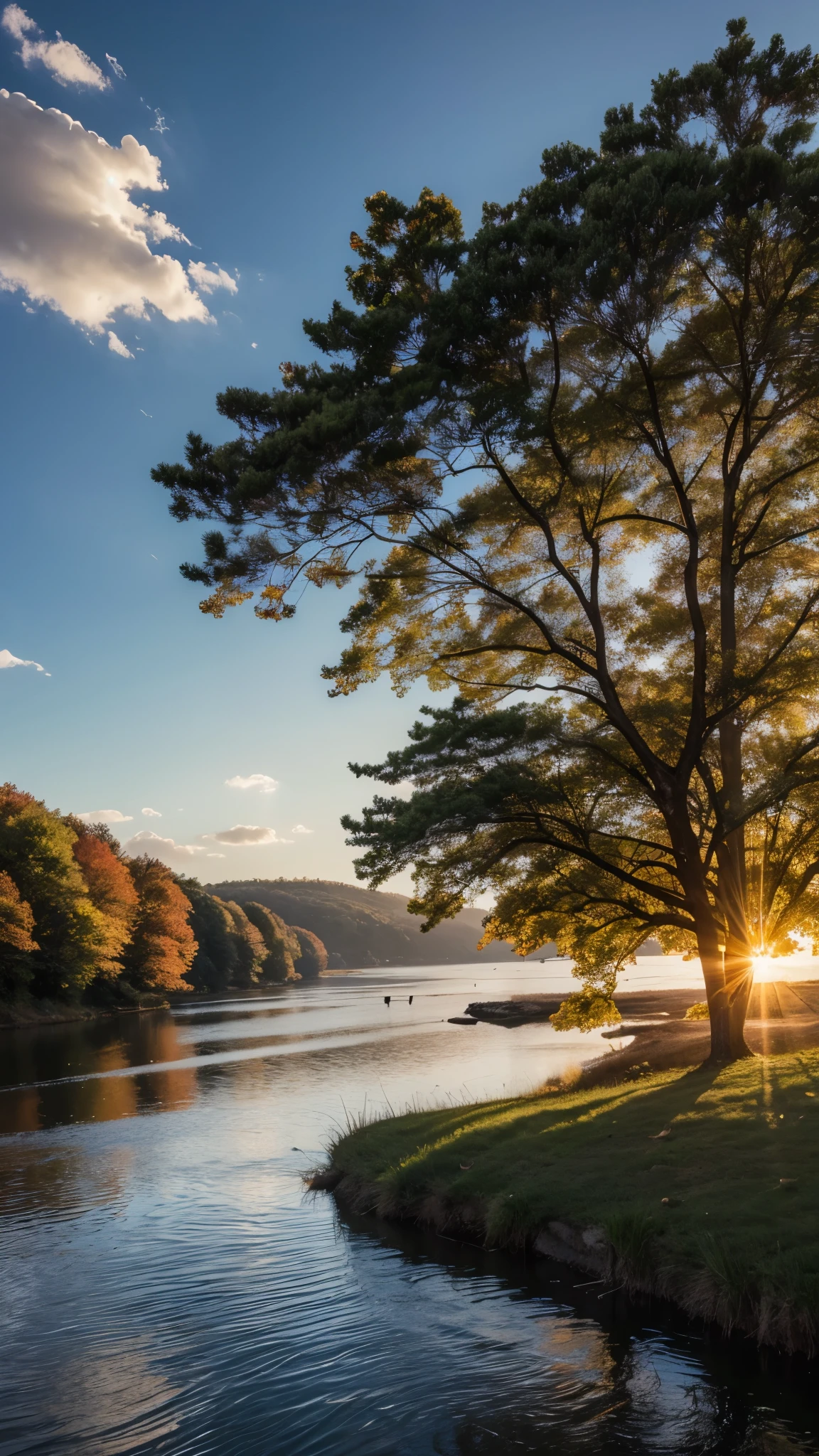 in high-definition images,The sun fades away with a lonely goose in the distance, The sun's rays fly along with geese in the lake、 the water of an autumn river is connected to the vast sky ,