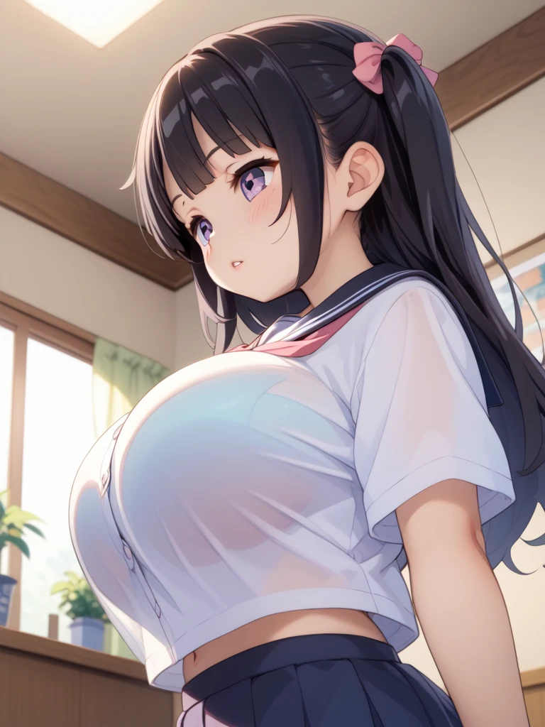 masterpiece、ultra-detailliert、top-quality、Perfect limbs、Perfect fingers、Realistic texture、Beautiful contrast between light and shadow、super gigantic breast、Beautiful Large Breasts、(a sailor suit)、pleatedskirt、with blush cheeks、facing the front there,