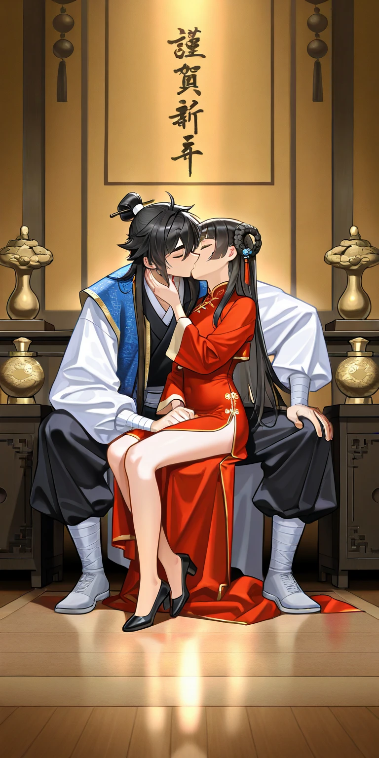 anime artwork, score_9, score_8_up, score_7_up, score_6_up, score_5_up, score_4_up, hu tao, she is 24 years old, style_3, sitting,,,,,,,,,, , 1boy, zhongli, breast grab, they are kissing, indoors, floox style, ????,?????