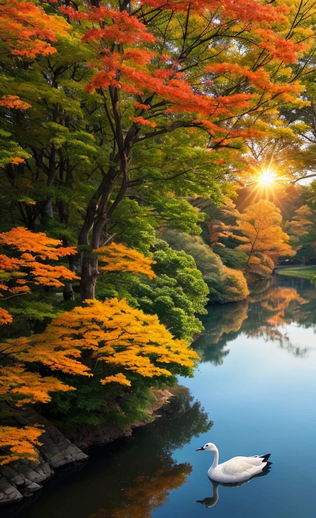 in high-resolution images、the sun disappears leaving a lonely goose in the distance、The sun's light flies with the lake geese、the water in the fall river is connected to the vast sky、
