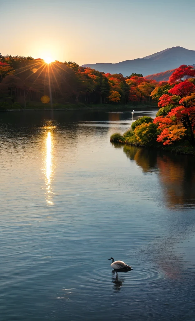 in high-resolution images、the sun disappears leaving a lonely goose in the distance、The sun's light flies with the lake geese、the water in the fall river is connected to the vast sky、