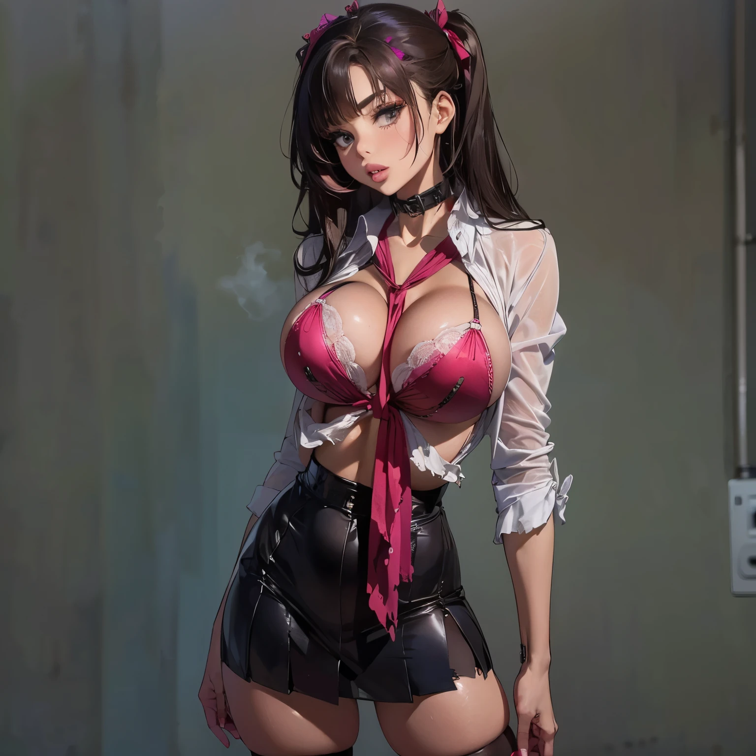 A beautiful stunning sexy gal holding a large clear glass heart at her waist containing small red pink and white paper hearts, wearing black and white mini skirt, bikini, punk gal attitude, sexy chick, punk wavy hair, full front view facing the camera, 8k resolution, professional photography, hyperdetailed,