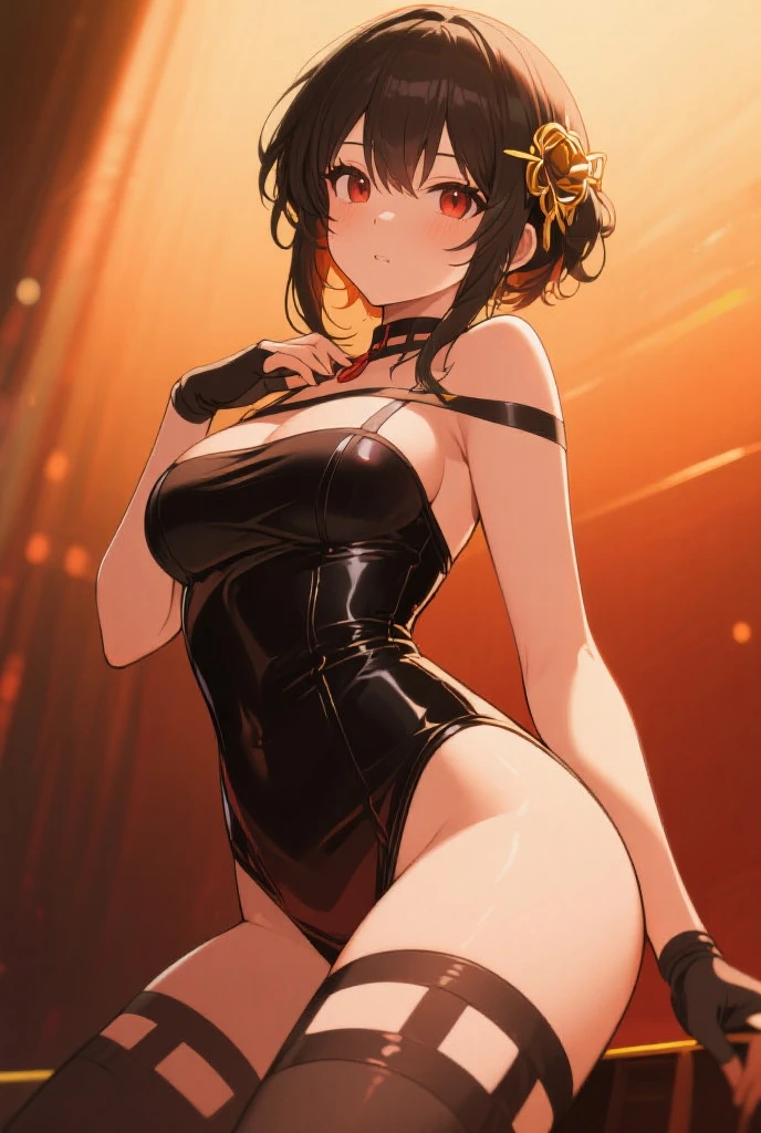 (masterpiece), (best quality), makima with Taylor Swift's face (chainsaw man), best quality, ultra detailed, 1girl, solo, standing, red hair, long braided hair, golden eyes, bangs, medium breasts, tie, look, smile, (bad: 1.2), looking at the viewer, (interview: 1.3), (dark background, chains: 1.3) breasts out,