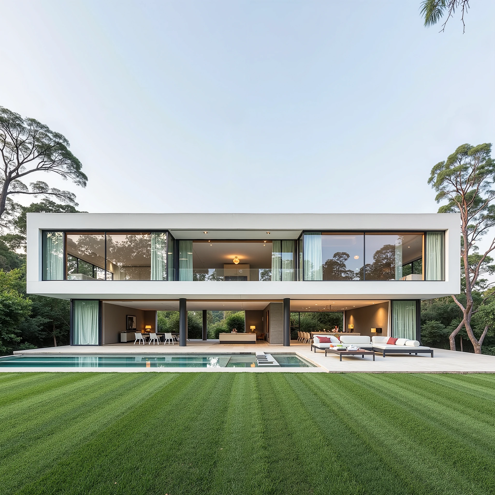  the modern house in Brazil, designed in the architectural style of Mies van der Rohe. It has a white exterior with large glass walls that blend seamlessly with the vegetation. It was photographed with a Canon EOS R5 camera and a Canon RF24-70mm f/2.8 lens, in the style of architectural photography.
