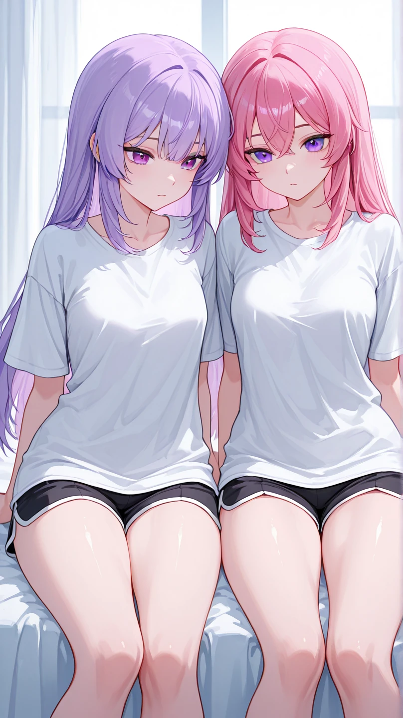 A cute girl with pink hair with animal ears,Better figure,Slender and full legs,Clear vest line,Wear a cool short skirt,Light, crop top with a crop top,White suspender stockings,on bedroom