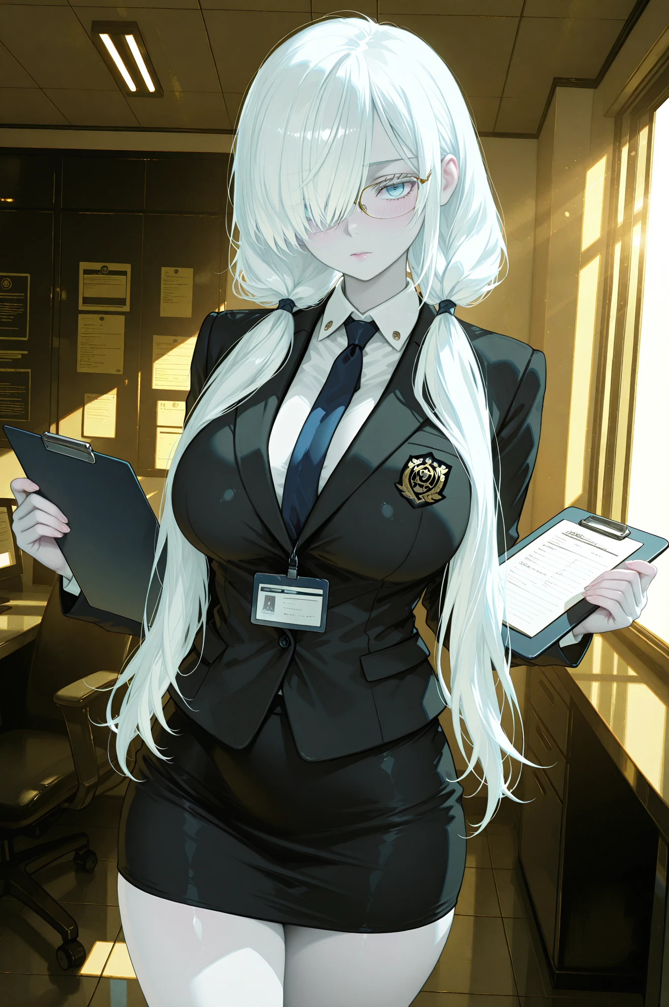 MIB suit, neuralyzer, holding neuralyzer, flash, 1girl, large breast, wide hips, pencil skirt, office, ponytail, <lora:MIB Suit and Neuralyzer V1:0.6>