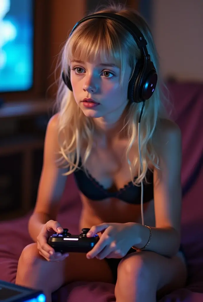 Best quality photo of a photo realistic blonde girl playing video games in her panties looking confused. Wearing headphones