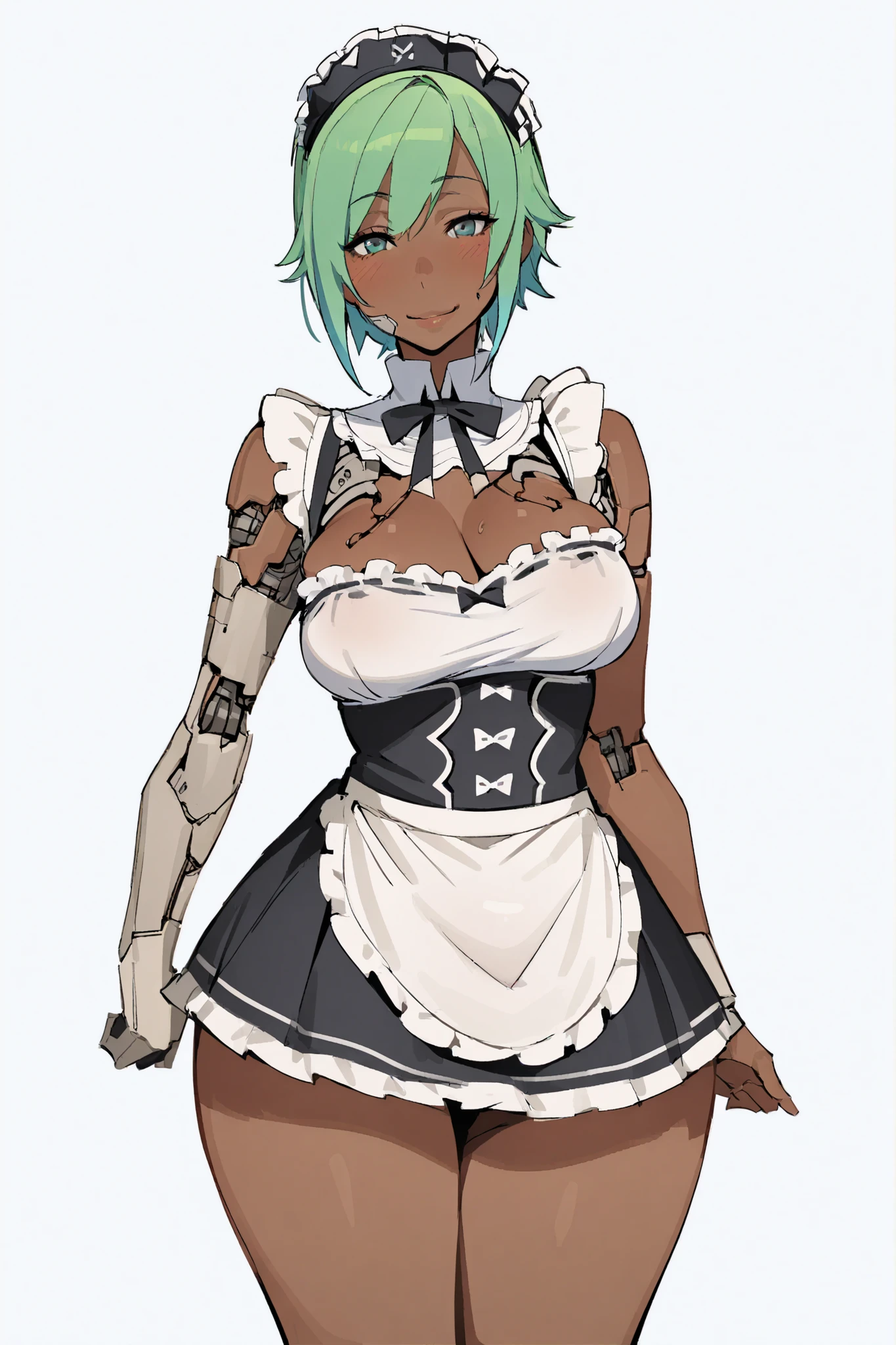 1 cyborg girl, green hair, blue gradient hair, short hair, dark skin, smile, voluptuous, maid uniform, joints, simple background