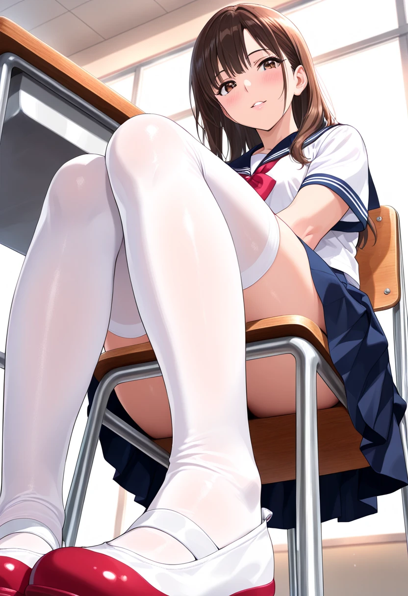 ((masterpiece)), ((highest quality)), (Super detailed), ((very detailed)), 4k, (8K), highest quality, (beautiful), super detailed illustrations, realistic, 1 girl, alone, an extremely cute and beautiful young girl, big breasts,from below,seat,spread your legs,Medium straight,brown hair,brown eyes,high school girl uniform,white panties,(panty shot),classroom、Point your bare feet toward the photographer、The soles of the feet are stuffy