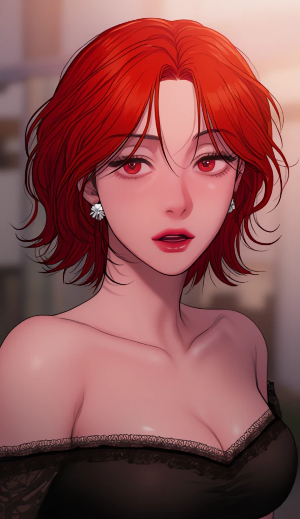 (Ahegao) Chica ROJA,Wear red lingerie,labios rojos brillantes,Ojos y cara detallados,Cabello rojo largo y suelto,standing in a dark room,Soft lighting,vivid colors,Artistic portrait,High resolution. (SNFW)