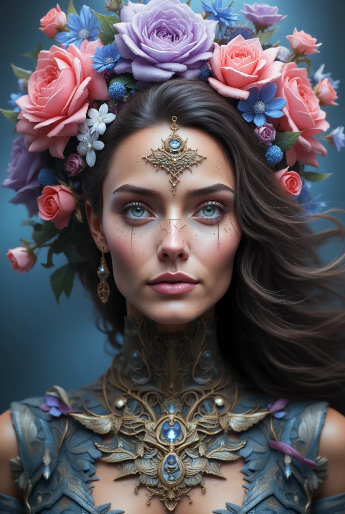 A dark fantasy styled RAW photograph, of a beautiful 31yo woman with an open mouthed look of awe, long black eyelashes,[large breasts],  Tilt shift, alien flower garden, total realism., tripy, LSD trip. wild muted colors. highly detailed. (chrome lipstick) flowers made of melting metal, copper, brass, and dripping paint. tam skin, (dark clouds gather) lightning in sky.