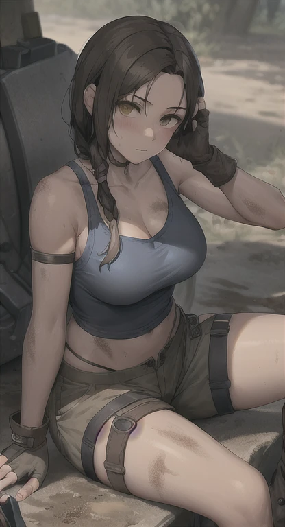 Lara Croft, average breasts, detailing face, detailing body, black torn shirt, white torn pants, detailing face, bruises, bruises on the body, dirty skin, the wound on the lip, lost, the toilet on the plane, the plane crash, mountainous area, In the mountains