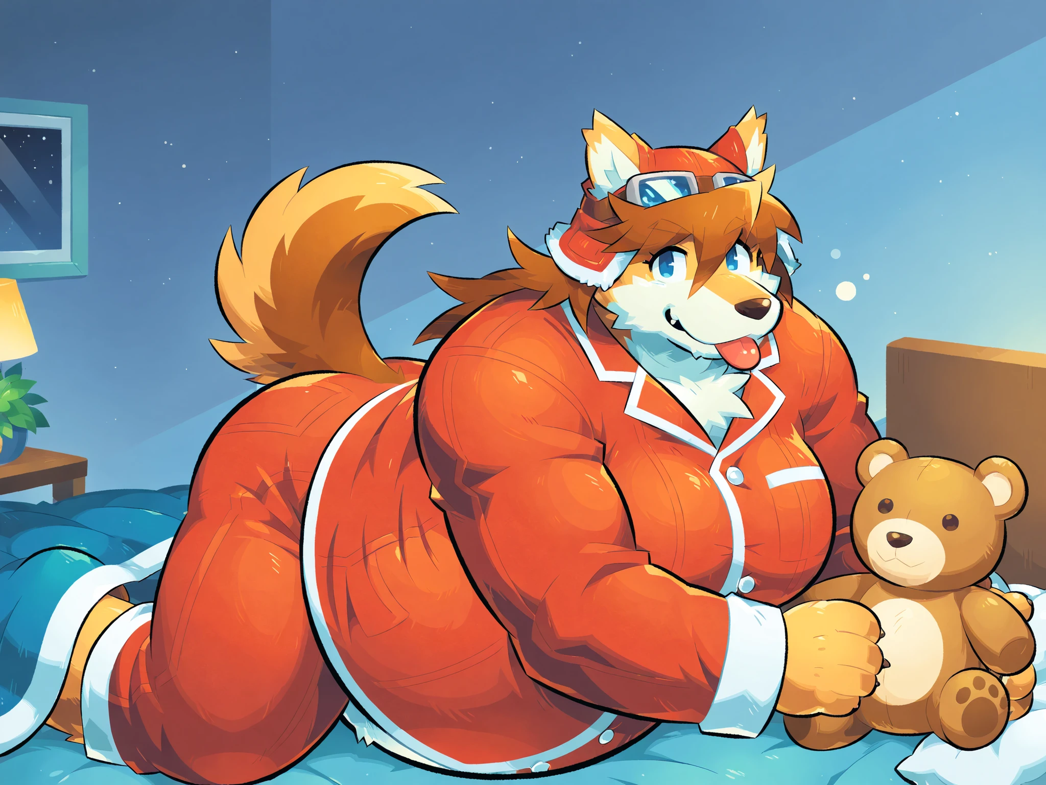 kemono, bara, solo, furry, Red Savarin, female focus, dog girl, 1boy, two-tone fur, brown hair, dog ears, animal nose, blue eyes, dog tail, tail, huge muscular, big belly, big breasts, dog, pajamas, hugging a teddy bear, bed, tongue out, cute, looking at viewer, low view, cute, by greenendorf