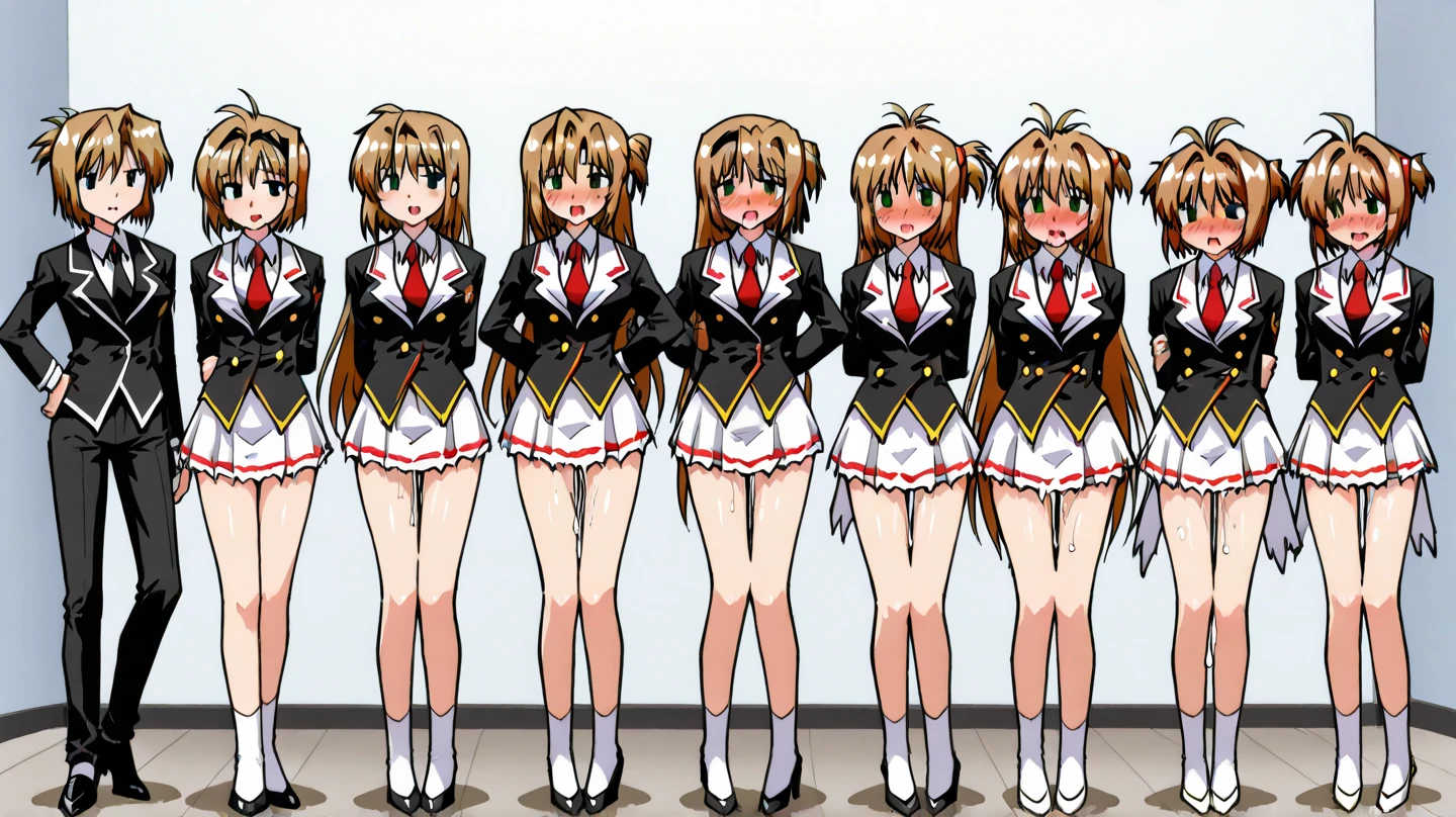 (  mind control , hypnotism, full sexy body, standing looking in all directions)  score_9,  score_8_up,  score_7_up,  score_6_up,  score_5_up,  score_4_up, ((Takamori Haruka magically merged with cardcaptor Sakura and adult Aika Sumeragi, hip-length hair,)), Sakura Kinomoto's green eyes shining, best quality,  Beautiful thin black lines mark her outlines, charming , with heels ( madura madura , beautiful mother ), (Maximum sensitivity with hypnosis applications, Forced orgasm),  earrings for women  , (huge lactating breasts,  slender body , blazer,  Body of the goddess of fertility ), ((in various positions and dynamic angles))  embarrassed , saliva), 