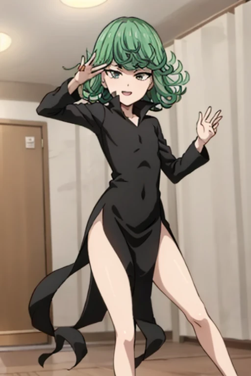緑の髪とAnime girl in a black dressが写真のポーズをとっている, Tatsumaki from one punch man, Anime girl in a black dress, Tatsumaki, In a dress, Cool pose, Dramatic smile pose, Enchanting anime girl, Female Anime Characters, Anime female full body art, Attractive anime girl, She is wearing a dark green dress