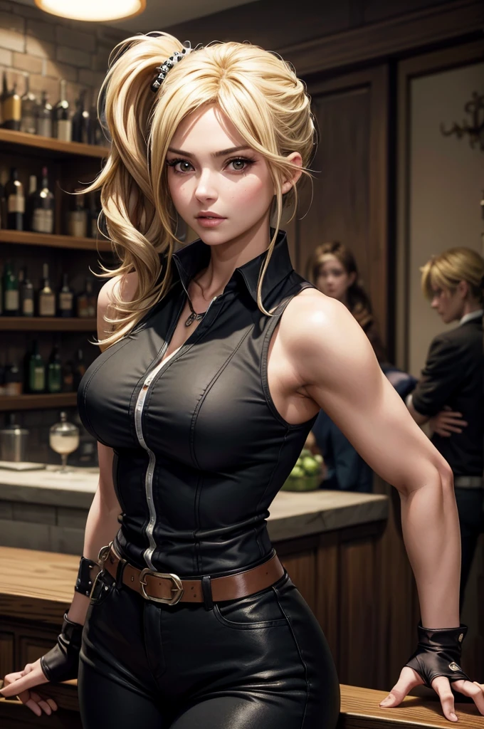 Realistic Asian girl with big  breasts, wearing a crop top and red lipstick and eyeglass also her hair is blond and braided and her cleavage is visible.