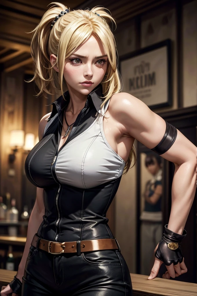 (best quality, highres:1.2), 1character, hot and curvaceous, detailed revealing outfit, white midriff tanktop, sexy shorts exposing panties up to hips, leather knee-high boots, Harley Quinn style, red and blue pigtails, baseball bat prop, HDR lighting, vivid colors, studio environment, extreme detail description, physical-based rendering, sharp focus, extreme curvature, revealing description, leather textures, confident pose, mid-shot, half body picture, full-frame appearance, provocative smirk, seductive eyes, bandana, belt with bat symbol, exposed shoulder, tattoos on arms, thigh-high socks, sexy and confident.