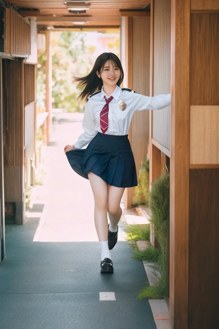 Female idol, Beautiful woman , Flowing hair, perfect skin, Exquisite Five Officers, serene expression, Stunningly Beautiful, with fine details, soft lighting, Natural Background, Photo Realistic, Height Detail, High Quality, bright color, Movie-like atmosphere, 20 Years Old Japanese Girl, alone, Super Mini Round Skirt, school uniforms , cute, (round face), Thin lips, (Gives a Natural Cheerful Look), from below, (Knee Flat), (Shut up), Swaying Hair and Skirt in Strong Wind, (Dynamic Pose), side sweep the sea