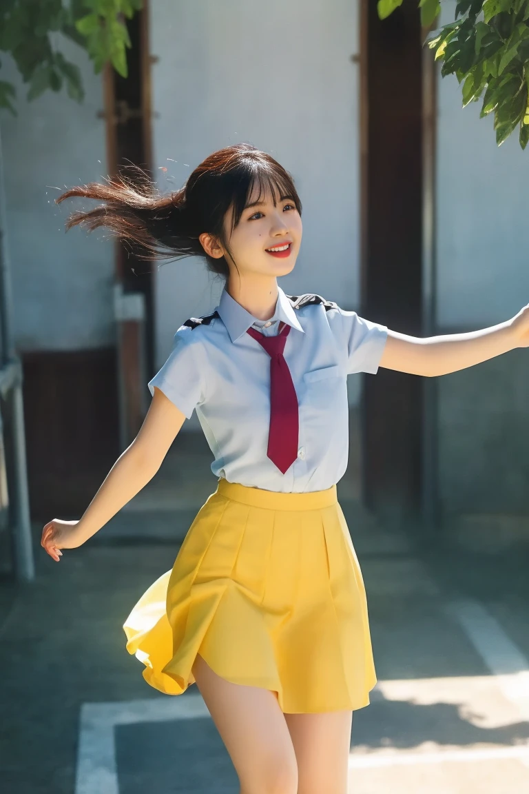 Female idol, Beautiful woman , Flowing hair, perfect skin, Exquisite Five Officers, serene expression, Stunningly Beautiful, with fine details, soft lighting, Natural Background, Photo Realistic, Height Detail, High Quality, bright color, Movie-like atmosphere, 20 Years Old Japanese Girl, alone, Super Mini Round Skirt, school uniforms , cute, (round face), Thin lips, (Gives a Natural Cheerful Look), from below, (Knee Flat), (Shut up), Swaying Hair and Skirt in Strong Wind, (Dynamic Pose), side sweep the sea