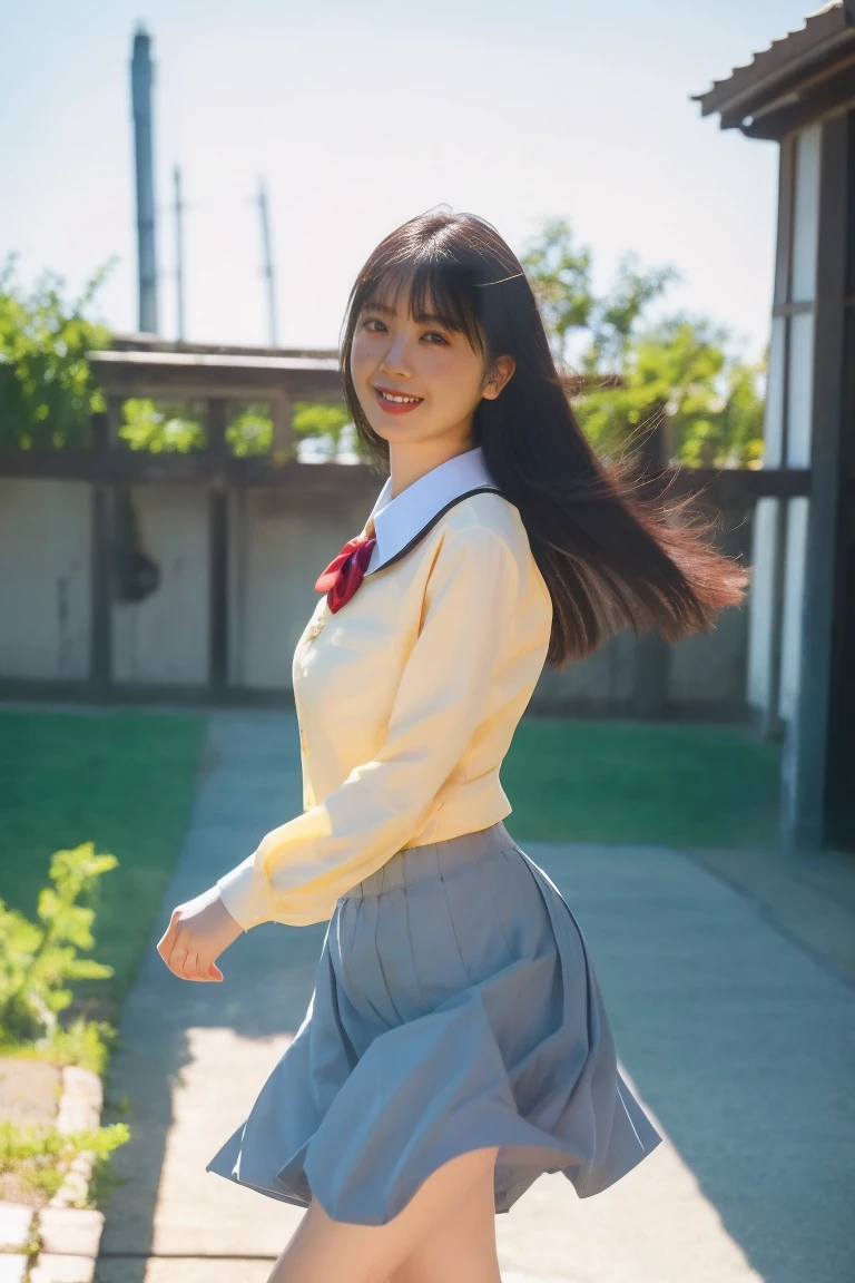Female idol, Beautiful woman , Flowing hair, perfect skin, Exquisite Five Officers, serene expression, Stunningly Beautiful, with fine details, soft lighting, Natural Background, Photo Realistic, Height Detail, High Quality, bright color, Movie-like atmosphere, 20 Years Old Japanese Girl, alone, Super Mini Round Skirt, school uniforms , cute, (round face), Thin lips, (Gives a Natural Cheerful Look), from below, (Knee Flat), (Shut up), Swaying Hair and Skirt in Strong Wind, (Dynamic Pose), side sweep the sea