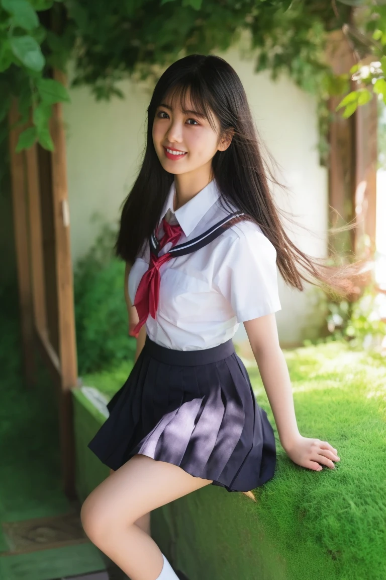 Female idol, Beautiful woman , Flowing hair, perfect skin, Exquisite Five Officers, serene expression, Stunningly Beautiful, with fine details, soft lighting, Natural Background, Photo Realistic, Height Detail, High Quality, bright color, Movie-like atmosphere, 20 Years Old Japanese Girl, alone, Super Mini Round Skirt, school uniforms , cute, (round face), Thin lips, (Gives a Natural Cheerful Look), from below, (Knee Flat), (Shut up), Swaying Hair and Skirt in Strong Wind, (Dynamic Pose), side sweep the sea