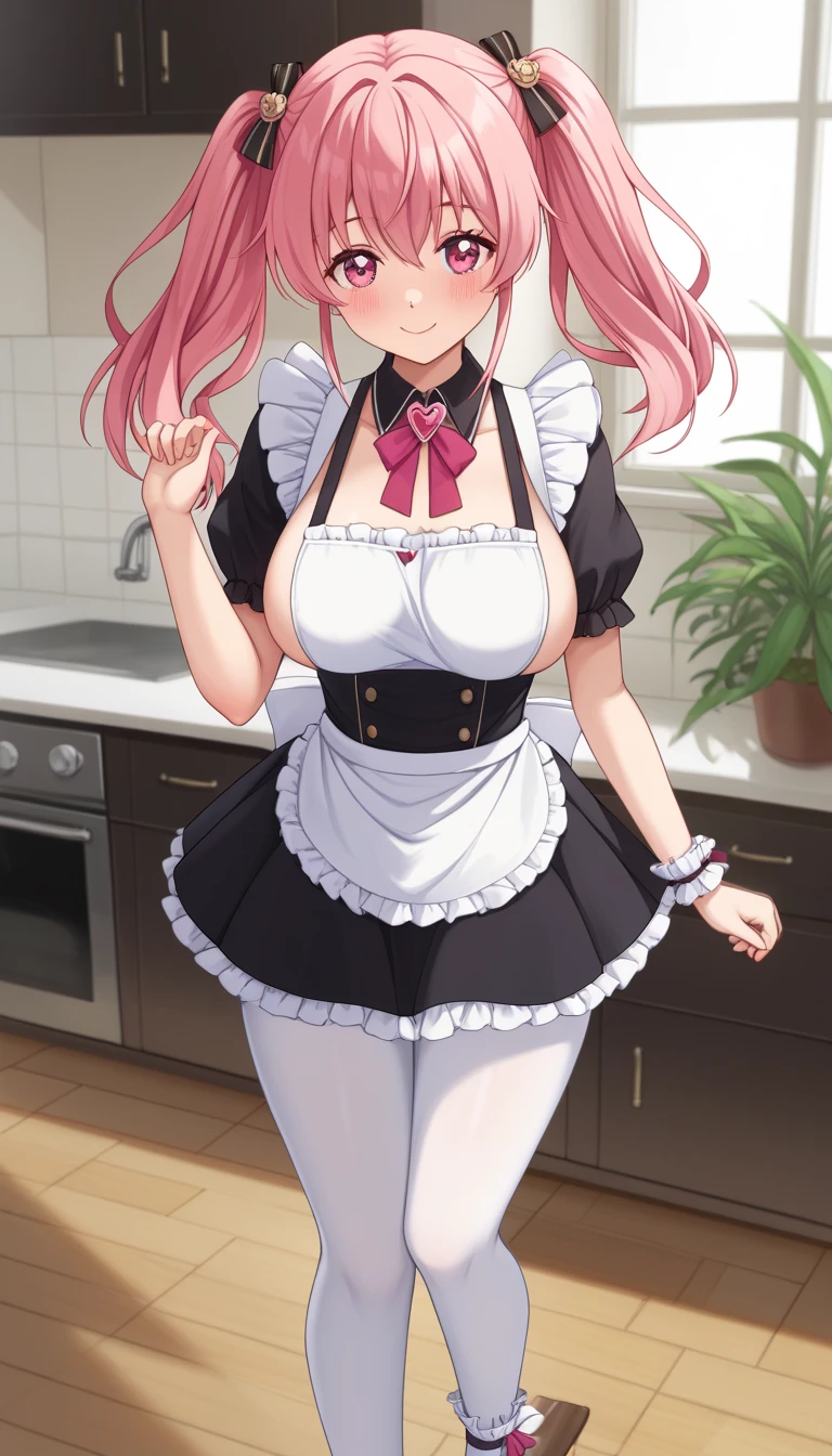 masterpiece, best quality, ultra-detailed, glistening shiny, glowing light, ray tracing, HDR, deph of field, (perfect face, detailed face), <lora:KayaBlanche:0.7>, kayablanche, purple eyes, low-tied long hair, ponytail, smile, maid uniform, skirt lift, panties, standing, cafe