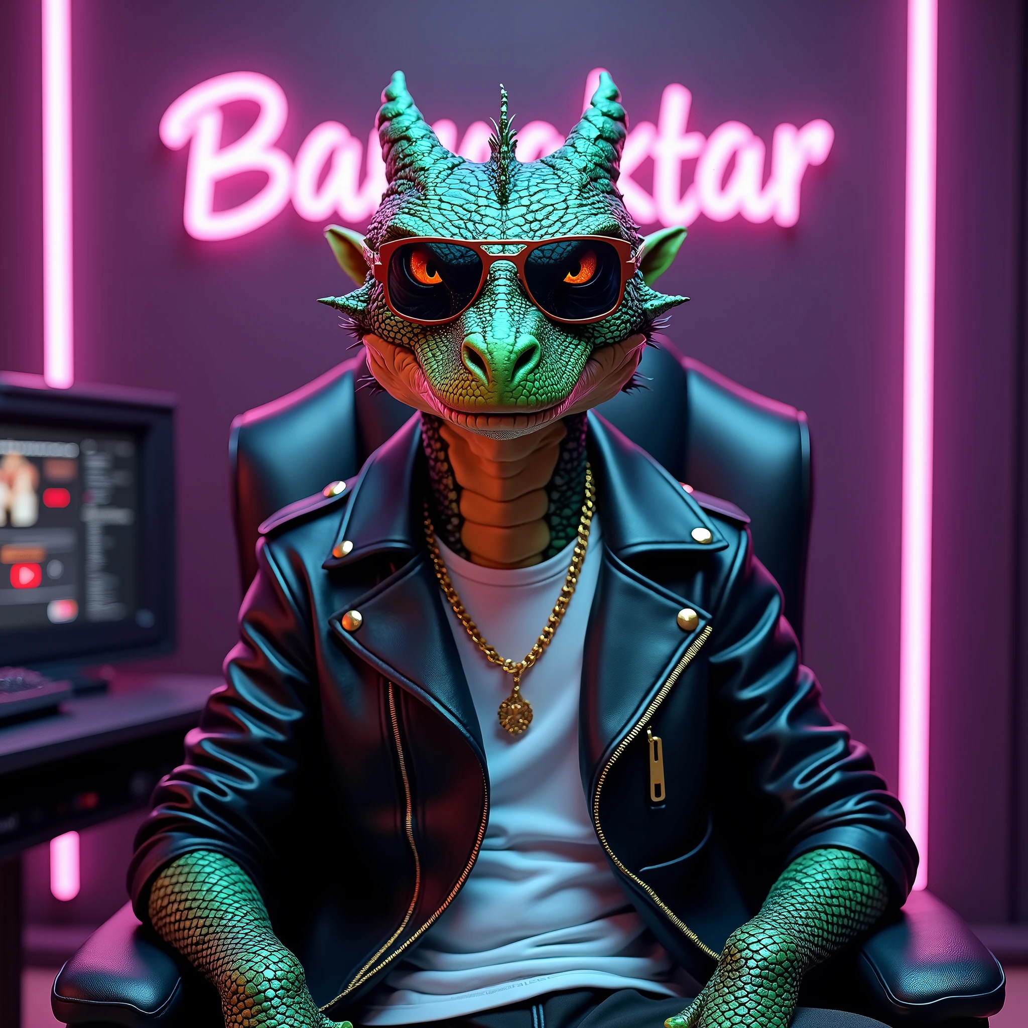 Dragon green scales with gradient and iridescent .in stylish sunglasses with beautiful orange eyes in lizard styles. Textured scales . Clothing leather jacket white t-shirt chain gold. sits in a cool YouTube recording studio in an expensive interior. Caption "BAYRAKTAR" studio microphone. Neon light purple . Background Text BAYRAKTAR. high quality, in detail