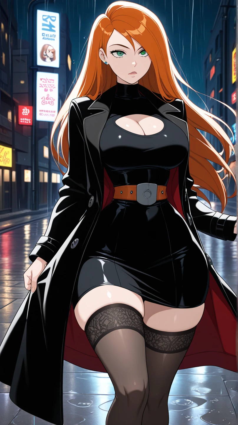 masterpiece, high quality, detailed eyes, 
1girl, yoshizawa_kasumi, long hair,  ribbon, hair ribbon, ponytail, (big breasts:1.0), (voloptuous:1.0), (thick thighs:0.7), tall, leggy,  light smile,  (muscular:0.6), 
solo, looking at viewer, night city,  cowboy shot, standing, vent over, coat, navel, leotard, choker, thigh strap, skindentation, covered nipple, heart earring, bracelet, (cleft of venus, cameltoe, pubic hair:0.8)
