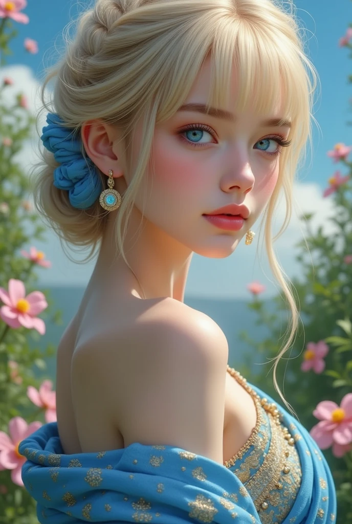 , Blonde, Beautiful attention to detail, Beautiful lip detail, Highly detailed face, Long eyelashes, Elegant Dresses, Surrounded by blooming gardens, The soft sunlight illuminates the landscape, Vibrant colors, Oil painting style, High resolution (4K, masterpiece:1.2), Realistic rendering, Vibrant colors, Studio Lighting, Bokeh,pastel