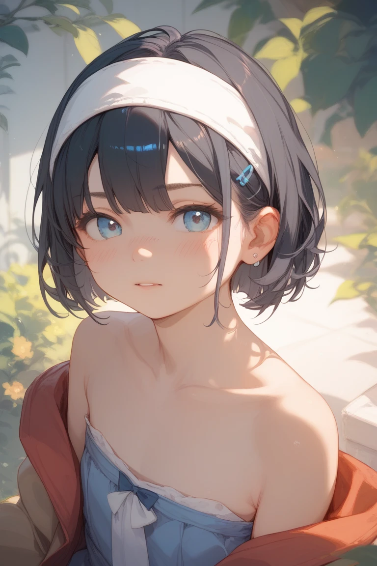 ((Highest quality)), ((masterpiece)), (detailed), (Japanese),12 years old, Black Hair,(Childish face), (Bob Hair), Girl, small Breasts, ((topless)), ((Blue eyes)),half-smile ,Sunlight, arched back, (close_up) , riverbank, flower garden,