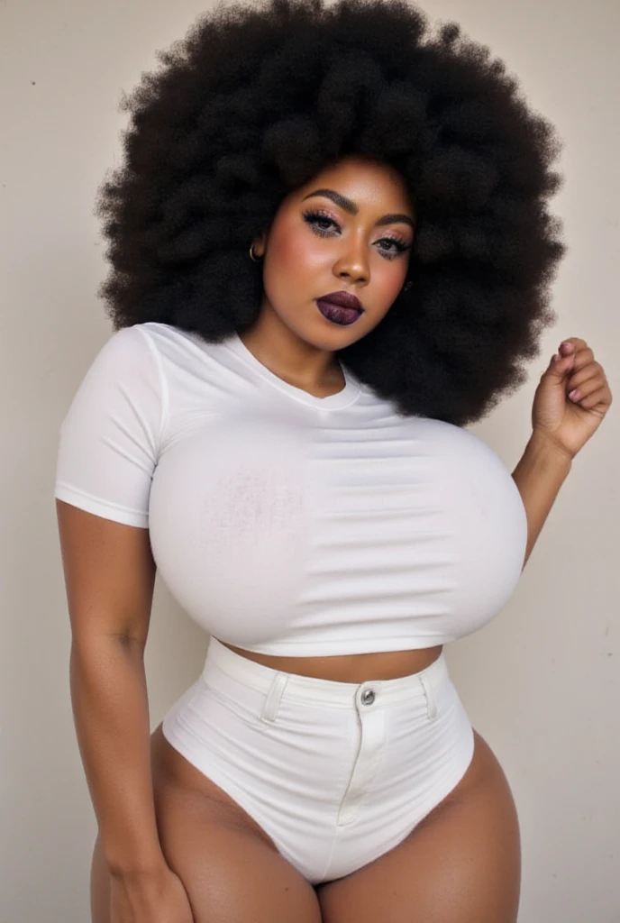 Masterpiece, Best Quality, 1 girl, alone, beautiful 15 year old african and asian mix, dark skinned woman, dark hair, long, frizzy, Curly hair, Perfect face, cabello long, very large busts, (huge breasts: 1.4) sexy full body (perfect body dressed in a stylish white turtleneck that highlights her big nipples and tight jeans that show off her big, wide hips.) and walking in the city