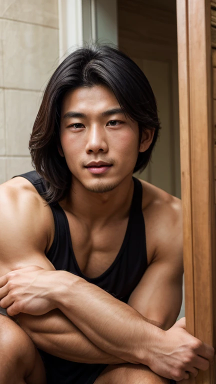 Asian god, handsome guy, Gay Samurai, The History of Homosexuality in Japan, topless, top-knot hairstyle, standing, Full Frame, Professional Lighting, Japanese temple, heaven background.