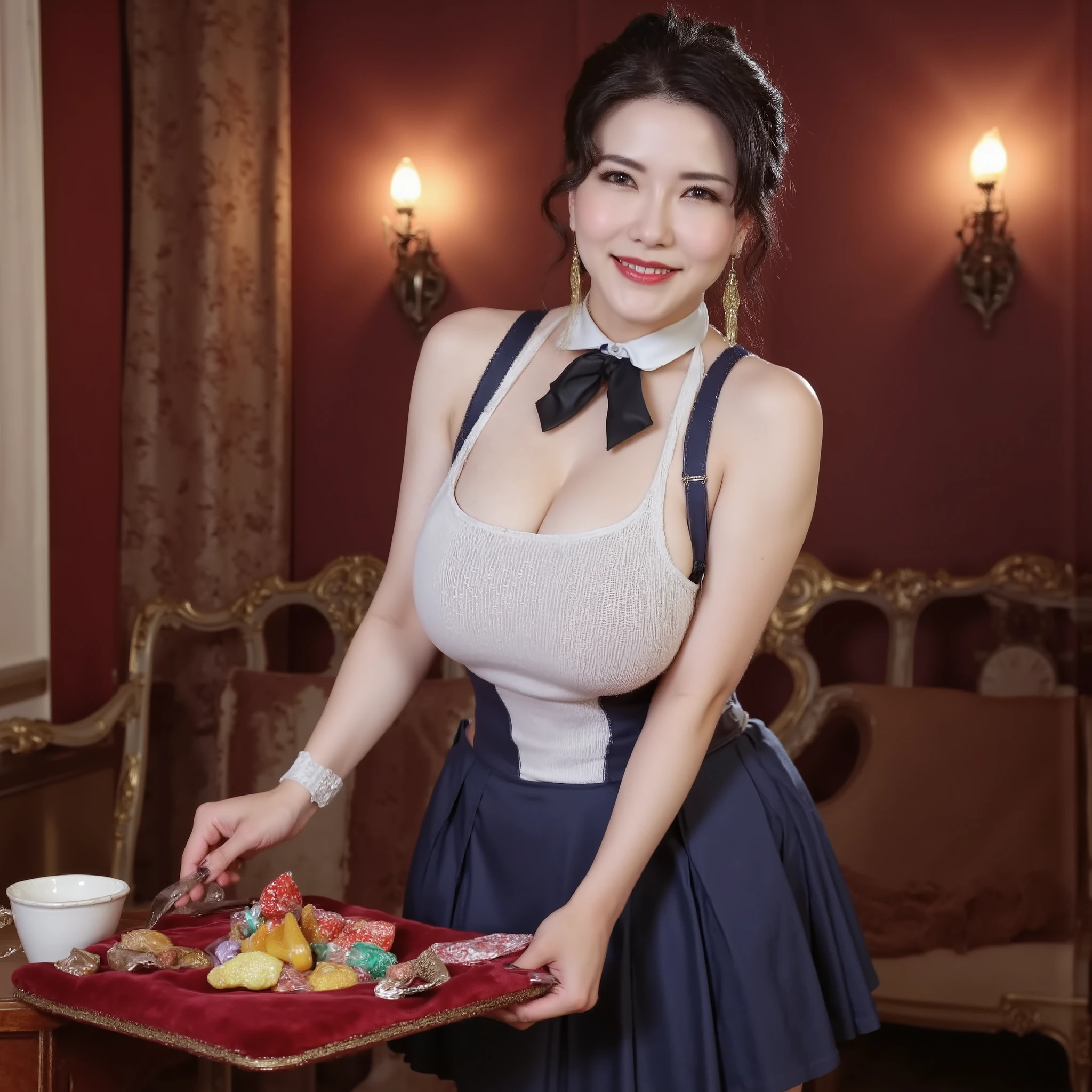 "A smiling woman standing in an old-style movie theater, dressed in a retro candy seller uniform. She wears a sleeveless white blouse with thin vertical stripes and a black collar bow tie, and a pleated navy skirt above the knees. She holds a classic red velvet tray suspended by straps, filled with colorful candies and snacks. Her pose is slightly leaning forward, looking directly at the camera with a warm and confident expression. The lighting is dramatic and moody, with strong contrast between light and shadow, casting soft highlights on her face and arms while the background falls into deeper shadows. The image features cinematic depth of field, with the woman in sharp focus while the background elements — vintage theater curtains, upholstered seats, and wall sconces — are softly blurred. Rendered in high dynamic range (HDR) to accentuate detail and tonal contrast. Emphasize realistic proportions, lifelike skin texture, accurate hands, and natural clothing folds. Avoid any anatomical exaggeration or visual artifacts. Maintain a retro yet theatrical atmosphere."