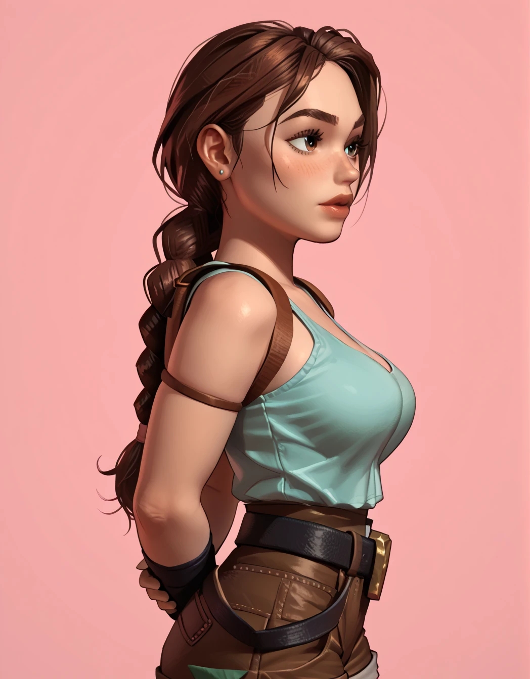 Cowboy Shot,((glossy eyes)),(masterpiece, best quality:1.4), high detail, (detailed face), detailed eyes, (beautiful, aesthetic, perfect, delicate, intricate:1.0),best quality, masterpiece, nijistyle lara croft, single braid, blue tank top, brown shorts, fingerless gloves, holster ,