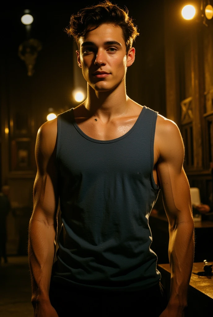 (best quality, 4k, 8k, high resolution, Masterpiece: 1.2), ultra detailed, (realistic, photorealistic, photorealistic: 1.37), 1 male model, albino skin color, green eyes, brown hair, slightly curly hair , wears a necklace with diamonds, sensual and imposing pose, serious face, muscular and thin build, the model is 17 years old, thick and strong biceps, frontal face photo, full torso photo, abdomen with defined muscles.