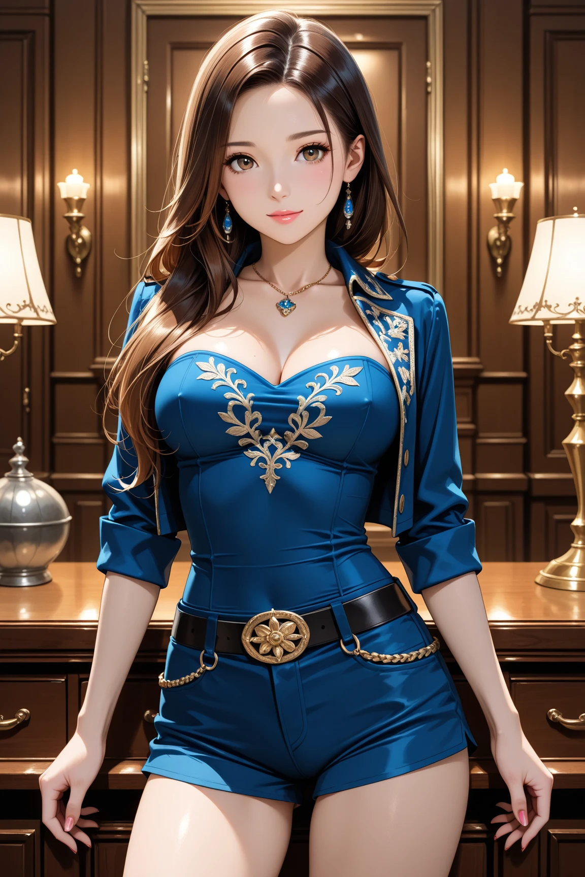 1girl, cowboy shot, beautiful slender woman, (air hostess:1.2), tight skirt, cleavage, small hat, full lips, big clear eyes, large breasts, beautiful long hair, shirt open, half smile, broad shoulders, small waist, wide hips, thigh gap, cameltoe, (intricate, highly detailed, 8K, masterpiece), soft tones, inside plane, blurry background, depth of field, bokeh