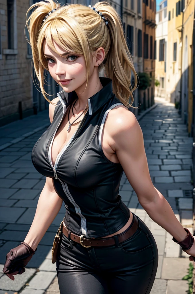 Fille sexy, large breast, roof of a hotel, sun set, seductive, chemise blanche, cheveux blonds, blue eye, detailed eyes, hourglass _forme du corps, Ultra detailed, 4K Ultra HD, smiling, flirty smile, blushes, jewels, 比基尼,