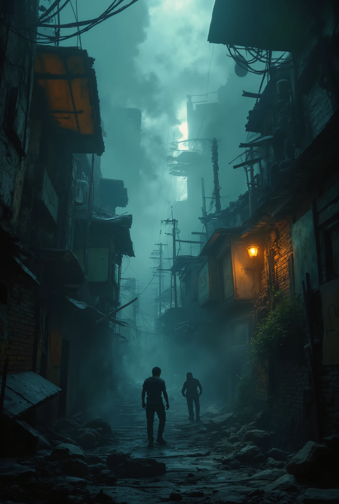 shady favela neblina ,broken signs ,wooden bridges, cyberpunk,loose poles and wires, movement of persons,a noite , bottom view,