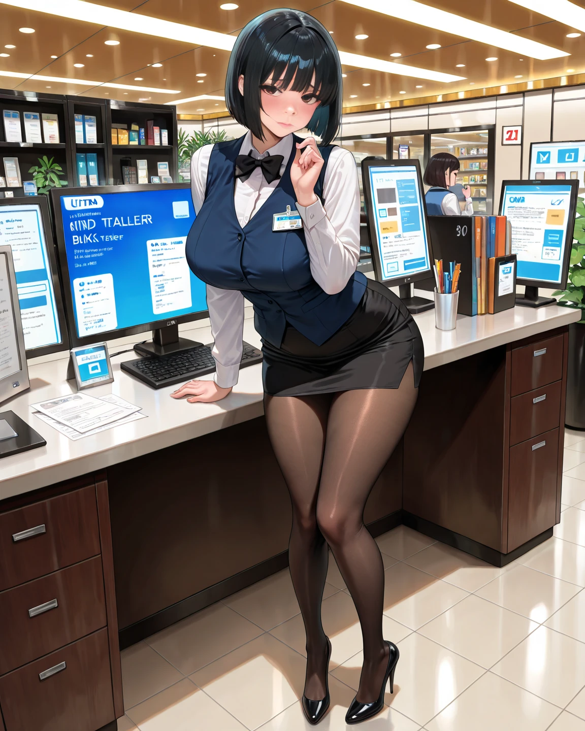Office uniform thick thighs under miniskirt, a brat secretary teasing boobs, open navel, underboobs, crop top, voluptuous busty breasts, exotic fishnet thigh highs, alluring dominant sexy face with black hair, detailed midriff, peering waistline, stimulating soles, exhibiting legs, salivating tongue out, erect , full body, thong, gorgeous calves, heels, encouraging viewer into submitting, (((worship fetish))),