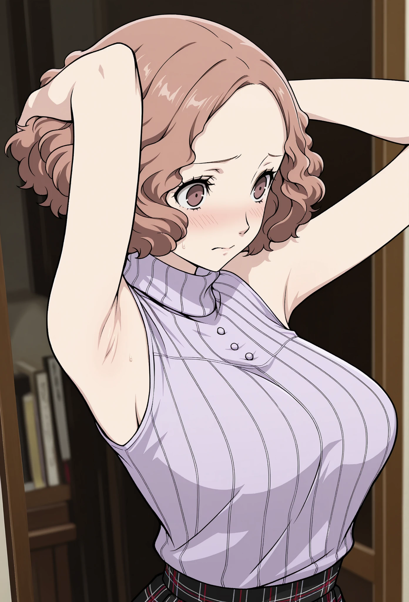 photo shot of the most beautiful artwork in the world featuring EUROPEAN beauty, (((very small breasts))), without bra, nipples with dark areola, girl wearing oversized sleeveless shirt, blue transparent shirt, nipples, lifting her brown hair, (((showing her natural beauty))). ((nice face)), nervous face, long hair, blue eyes, cute, nice smile