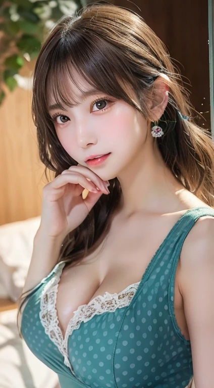 The model is、she、She is wearing a body-painted illusion dress that appears to be sheer fabric decorated with vibrant blue floral patterns。。, orange, pink. The dress fits her perfectly, The whole body is decorated with a realistic floral pattern...