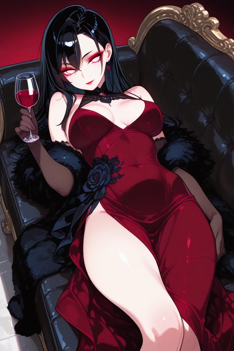 1girl,solo,simple background, huge breasts, red heart promise, black dress,sitting on sofa , blush,no_panties, barefoot,light smile, hand on own chest,