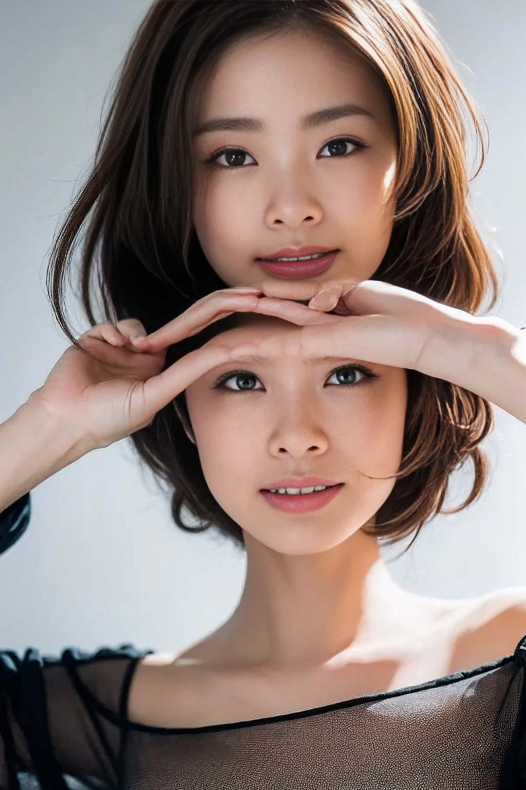 You are a professional gravure photographer.。future、Beautiful Eyes、 ((highest quality)), Clear contours, Woman with beautiful face, (((One Girl,alone))), ((Beautiful Eyes)), Sex Appeal,Albedo and Specular Maps、Accurate simulation of lightweight material interactions、Very Short Hair、smile、Show off your thighs、From above